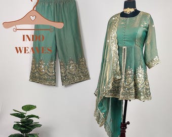 Premium Flared Kurta Palazzo Set For Women, Real Mirror Work Green Traditional Sharara Suit, Indian Ethnic Islamic Pakistani Salwar Kameez