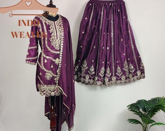 Purple Elegant Ethnic Sharara Gharara Indian Party Wear Embroidered Outfit For Women, Salwar Kameez Suit, Premium Silk Fabric Kurti Palazzo