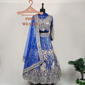 Blue Heavy Work Bridal Lehenga Choli, Designer Indian Traditional Chaniya Choli Ethnic Dress With Premium Embroidery On Net Fabric For Women