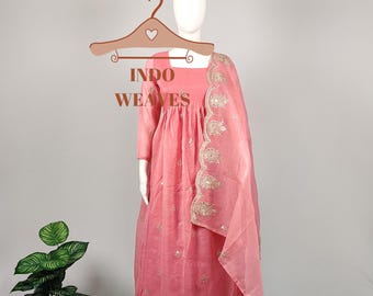 Peach Anarkali Indian Long Gown, Gold Sequin Embroidery Pakistani Traditional Festive Ethnic Wedding Wear Outfit With Dupatta for Women