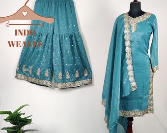 Mint Green Indian Stylish Pakistani Wedding Suit, Salwar Kameez With Gharara Sharara Pant With Dupatta For Women USA, Nikkah Designer Outfit
