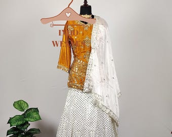Indian Long Kurta With White Lehenga Set, Golden Pakistani Readymade Lehenga Choli, Ethnic Wear Modest Top & Lehenga Dupatta Set For Women