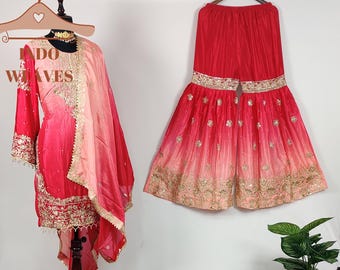 Red Punjabi Traditional Womens Indo Western Dress, Hindi Clothing Store, Pakistani Dual Tone Sharara Suit, Wedding Festival Dress for India