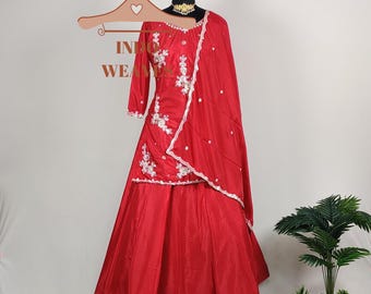 Red Pakistani Long Kurta Lehenga Set, Indian Beautiful Readymade Silk Fabric Dress, Ethnic Wear Top & Lehenga With Dupatta Set For Women USA
