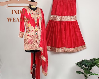Pakistani Embroidered Sharara Gharara Suit For Woman, Designer Traditional Ethnic Wedding Guest Party Wear Indian Kurta & Kurti Palazzo Set