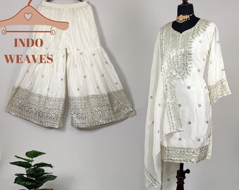 White Ethnic Readymade Bollywood Wedding Wear Desi Dress For Woman Silk Sharara Suit Sequin Embroidered Pakistani Indian Formal Online Suit