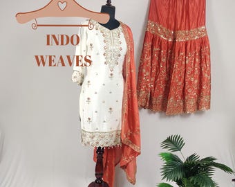 Designer White Sharara Suit For Woman With Orange Dupatta, Pakistani Nikkah Readymade Indian Ethnic Readymade Modest Wedding Wear Desi Dress