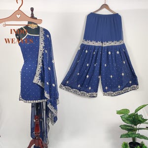 Elegant Sleeveless Sharara Suit, Blue Punjabi Indian Traditional Ethnic Party Wear Kurta Kurti Set Pakistani Salwar Kameez Palazzo For Women