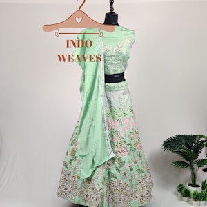 Silk Lehenga Choli, Pastel Green Modest Designer Party Wear Indian Traditional Dress Ethnic Lehenga Skirt & Blouse With Embroidery For Women