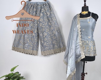 Sleeveless Sharara Gharara Indian Traditional Dress, Grey Organza Ethnic Party Wear Embroidered Punjabi Salwar Kameez & Palazzo Women Suit
