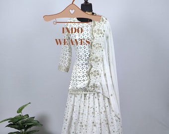 Indian Long Kurta Lehenga Set, White Pakistani Beautiful Readymade Modest Lehenga Choli, Ethnic Wear Top & Lehenga Dupatta Set For Women