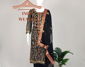 Black Designer Indian Women Long Dress, Pakistan Shalwar Suit, Embroidered Georgette Palazzo Set, Ethnic Salwar Kameez For Women Nikkah Gift