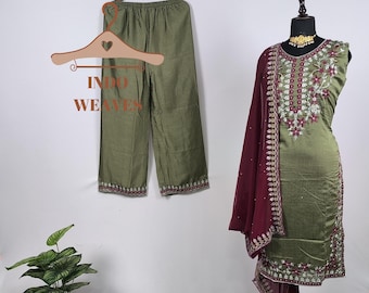 Indian Palazzo Suit, Sleeveless Pakistani Traditional Dress, Green Ethnic Party Wear Readymade Salwar Kameez, Kurta Kurti Set For Women