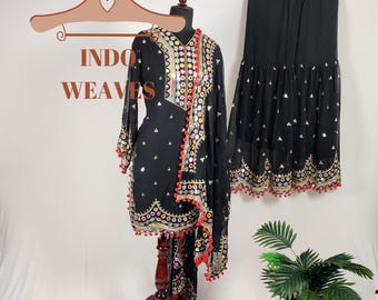 Sequin Embroidered Pakistani Black Indian Sharara Suit For Woman USA, Fully Stitched Ethnic Readymade Bollywood Wedding Wear Desi Dress