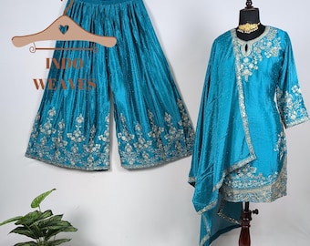 Blue Salwar Kameez Indian Ethnic Party Wear 3 Pc Embroidered Diwali Dress, Sharara Gharara Women Suit, Premium Silk Fabric Kurti Palazzo Set