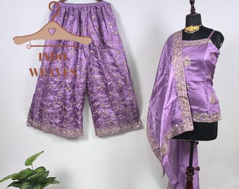 Sleeveless Sharara Gharara Indian Traditional Dress, Purple Organza Ethnic Party Wear Embroidered Punjabi Salwar Kameez & Palazzo Women Suit