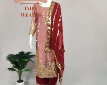 Pink Embroidered Palazzo Suit, Indian Pakistani Wedding Party Wear