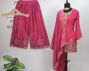 Punjabi Salwar Kameez: Pink Islamic Pakistani Wedding Wear Flared Sharara Gharara Embroidered Suit