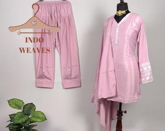 Baby Pink Farsi Salwar Kameez: Pakistani Embroidered Indian Satin Silk Kurta Dhoti Palazzo