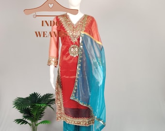 Pakistani Wedding Palazzo Set, Orange Sparkling Punjabi Ethnic Readymade Kurta, Traditional Festive Wear Patiala Salwar Kameez For Women Usa