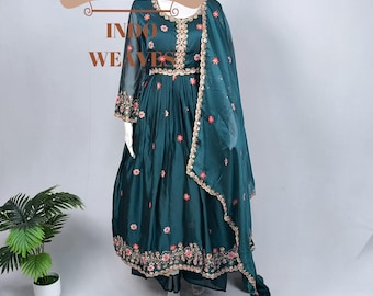 Green Indian Long Anarkali Gown with Dupatta: Pakistani Embroidered Silk Partywear Kurta Set