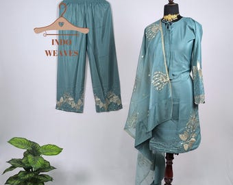Pakistani Heavy Suit Palazzo For EID Wear, Blue Indian Traditional Ethnic Dress, Readymade Party Wear Women Salwar Kameez Punjabi Set