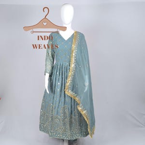 Grey Pakistani Anarkali Long Gown With Dupatta, Full Stitched With Sequence Embroidery Work, Wedding Ethnic Wear Maxi Outfit for Women USA
