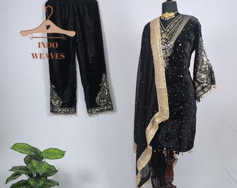 Black Winter Wear Velvet Salwar Kameez Suit, Indian Wedding & Party Dress, Pakistani Straight Kurta Palazzo Set, Readymade Punjabi Palazzo