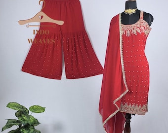 Red Sleeveless Sharara Gharara Dress, Punjabi Indian Outfit, Ethnic Party Wear Zari Embroidered Salwar Kameez, Flared Palazzo Women Suit