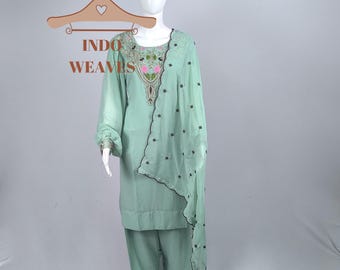 Mint Green Farshi Shalwar Suit, Silk Fabric Readymade Desi Clothing For Women, Traditional Islamic Festive Wear Indian Patiala Salwar Kameez