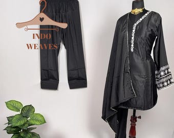 Black Indian Salwar Kameez: Pakistani Embroidered Patiala Satin Silk Ethnic Kurta Dhoti Palazzo