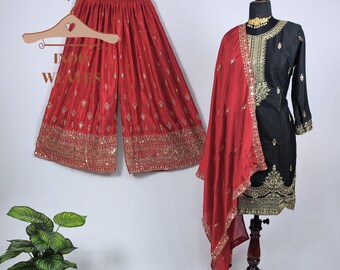 Black & Red Silk Sharara For Women, Traditional Gharara Suits, Punjabi Wedding Salwar Kameez, Pakistani Nikkah Wear Outfit, Indian Clothing