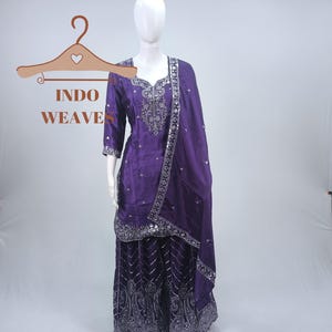 Purple Sparkling Indian Sharara Suit For Woman USA, Georgette Fully Stitched Sequin Embroidered Ethnic Dress, Readymade Wedding Wear Outfit