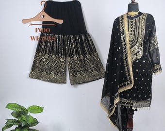 Black Traditional Sharara Suit, Indian Ethnic Party Wear Pakistani Salwar Kameez Suit, Georgette Fabric Kurta Palazzo Set For Women USA