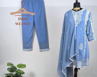 Readymade Blue Kurti With Palazzo Salwaar For Women, Embroidery Thread Work Pakistani Wedding Traditional Georgette Outfit For Gifts