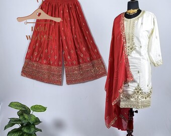 White Kurta Palazzo Set For Women, Multi Needle Embroidery & Sequin Work, Punjabi Wedding Suits, Pakistani Salwar Kameez With Red Bottom