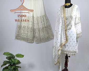 Traditional Indian Sharara Gharara Suit, White Ethnic Party Pakistani Festive Salwar Kameez