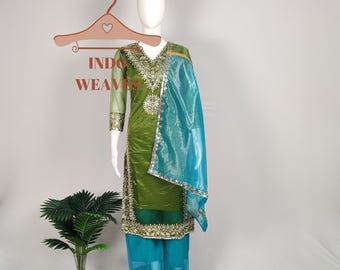 Green Pakistani Palazzo Suit, Embroidered Partywear Salwar Kameez