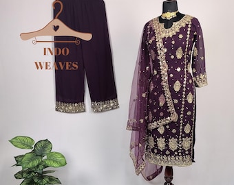 Purple Pakistani Kurti Palazzo, Traditional Party Wear Georgette Indian Ethnic Punjabi Salwar Kameez