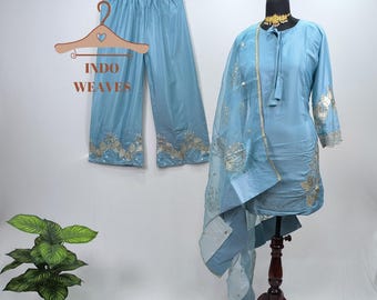 Pakistani Heavy Suit Palazzo For EID Wear, Sky Blue Indian Traditional Ethnic Dress, Readymade Party Wear Women Salwar Kameez Punjabi Set