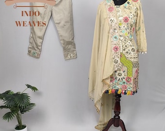 White Georgette Kurta Palazzo Suit: Pakistani Salwar Kameez with Real Mirror Work