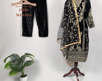 Black Velvet Salwar Kameez Suit: Pakistani Ethnic Partywear Kurta Kurti
