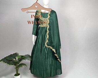 Readymade Silk Anarkali Gown: Green Indian Traditional Pakistani Wedding Dress