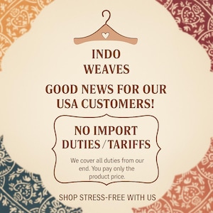 K&ouml;nnte beinhalten: Werbung f&uuml;r Indo Weaves, mit Text auf cremefarbenem Hintergrund und dekorativen Mustern. Der Text verk&uuml;ndet "Gute Nachrichten f&uuml;r unsere US-Kunden!" und besagt "Keine Einfuhrz&ouml;lle/Tarife."