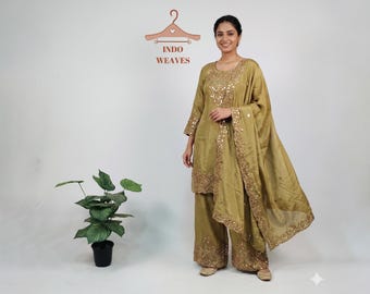 Traditional Indian Desi Green Mehendi Ceremony Dress, Pakistani Silk Heavy Suit with Farshi Pant Palazzo, Readymade Party Wear Set For Women