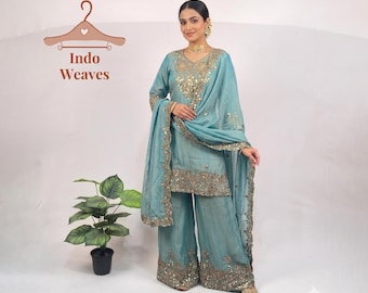 Blue Pakistani Kurta Palazzo Set, Beautiful Readymade Indian Palazzo Sparkling Sequin Work Silk Fabric, Ethnic Wear 3 Pcs Set Women USA