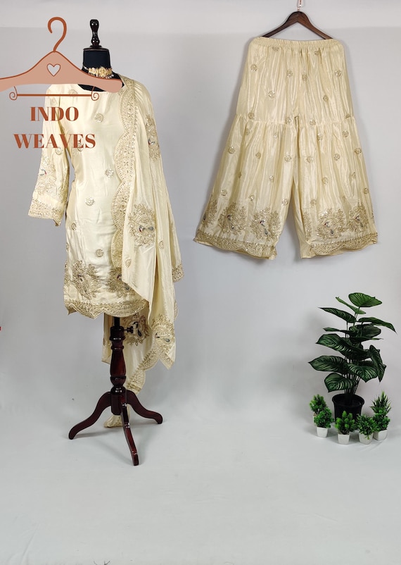 Beige Sharara Shalwar Kameez, Indian Wear Outfits for Wedding, Indian Fashion Store near me, Pakistani Islamic Embroidered Festive Dresses Beige Sharara Shalwar Kameez, Indian Wear Outfits for Wedding, Indian Fashion Store near me, Pakistani Islamic Embroidered Festive Dresses