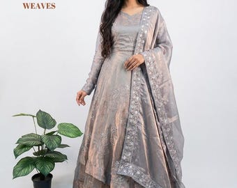 Grey Flared Silk Anarkali Gown Palazzo Pant, Sequin Embroidery Indian Dress, Ethnic Readymade Salwar Kameez, Pakistani Maxi Outfit for Women