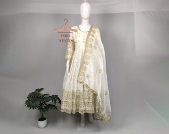 White Anarkali Gown, Pakistani Nikkah Embroidered Georgette Kurta, Ready To Wear