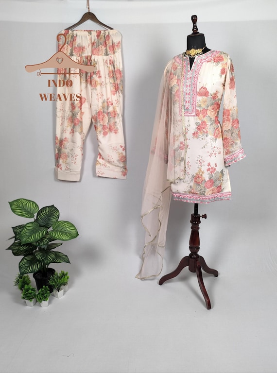 Pakistani Farshi Shalwar Suit: Floral Digital Printed Indian Kurta Palazzo Set With Embroidery Work